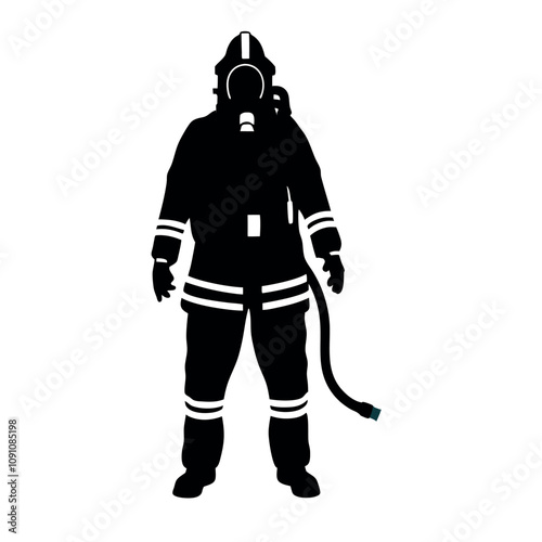 A man in a black suit with a helmet and a hose. He is wearing a black suit and a helmet