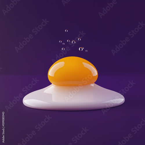 The image depicts a realistic glossy egg yolk sitting atop a smooth egg white, with small bubbles rising above it, set against a bold purple background for a modern and creative look. photo