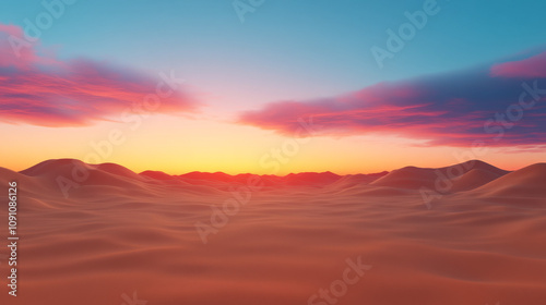 Desert Sunset Serenity: A breathtaking panoramic view of a serene desert landscape at sunset, showcasing vibrant pink and orange hues painting the sky and sand dunes. 