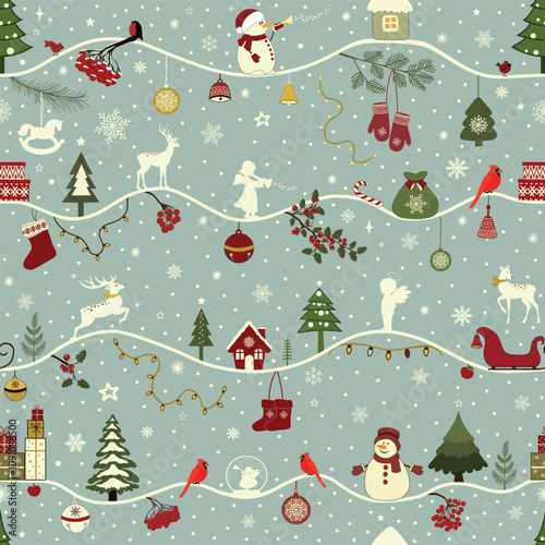 Greeting seamless pattern with Christmas elements on blue background