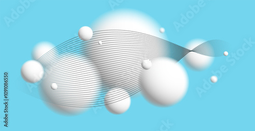Defocused light levitating spheres with particles wave flowing atmospheric ambient vector background over blue, 3D balls soft and easy futuristic wallpaper.