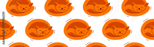 Funny cartoon cats sleeping seamless vector textile background pattern, asleep wallpaper or bedclothes for children, childish illustration image.