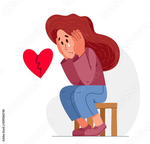 Young woman with a broken heart failed love and breakup emotional concept, vector illustration of a suffering after broken up relations.