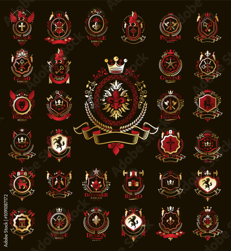 Classic style emblems big set, ancient heraldic symbols awards and labels collection, classical heraldry design elements, family or business emblems.