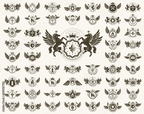 Vintage heraldic emblems vector big set, antique heraldry symbolic badges and awards collection, classic style design elements, family emblems.