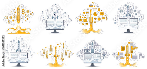 Startup idea business concepts vector illustrations set, image collection with rocket launch in front of PC computer monitor with a lot of different icons and symbols.