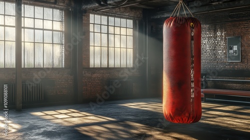 Fototapeta Naklejka Na Ścianę i Meble -  Boxing gym with punching bag. Perfect for fitness, sport themes.