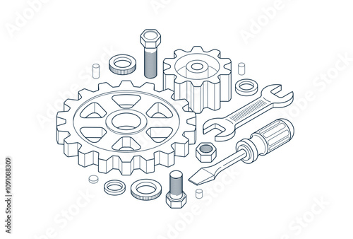 Repair and maintenance concept, technics service, gears and tools in 3D isometric projection vector illustration, technical mechanical workshop.