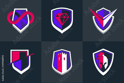 Classic shields shapes set with different additional elements vector symbols set, defense and safety icons, ammo emblems collection. Free Download Classic shields shapes set with different additional elements vector symbols set, defense and safety icons, ammo emblems collection. - GFXLoad
