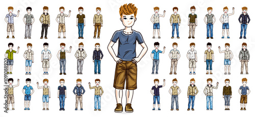 Cute little child boys early teenagers in different casual wear standing in full length and posing vector illustrations isolated big set, happy beautiful kids drawings collection, people diversity.