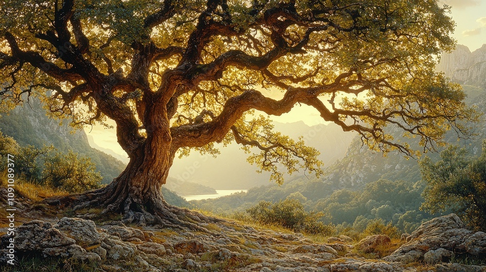 Fototapeta premium Majestic oak tree in sunlit mountain valley landscape at golden hour