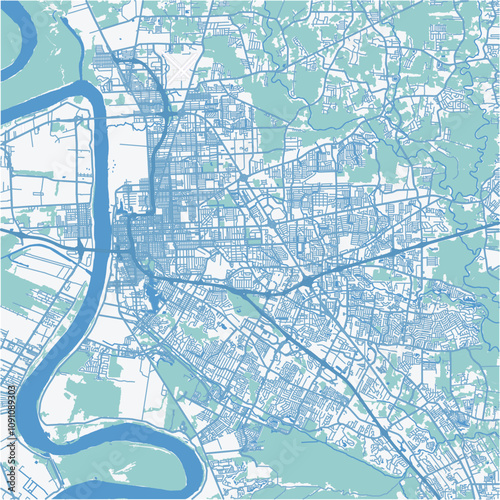 Map of Baton Rouge in Louisiana in a professional blue style. Contains layered vector with roads water, parks, etc.