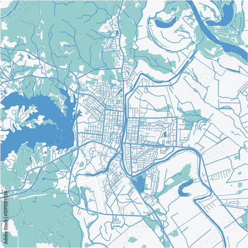 Map of Natchitoches in Louisiana in a professional blue style. Contains layered vector with roads water, parks, etc.