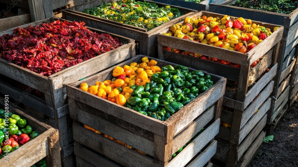 Obraz premium A vibrant display of assorted vegetables in wooden crates, showcasing a colorful array of fresh produce.