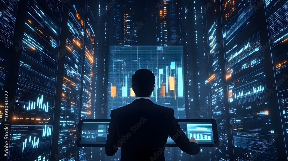 Fototapeta premium A businessman analyzing 3D-rendered bar graphs projected from a tablet, surrounded by 2D digital dashboards. 4k resolution, Cinematic Scene