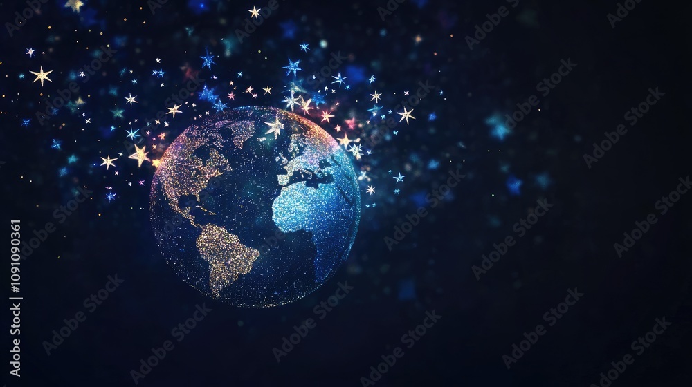 Fototapeta premium Stylized New Year 2025 logo with a globe and stars, symbolizing global celebration and connection in safety