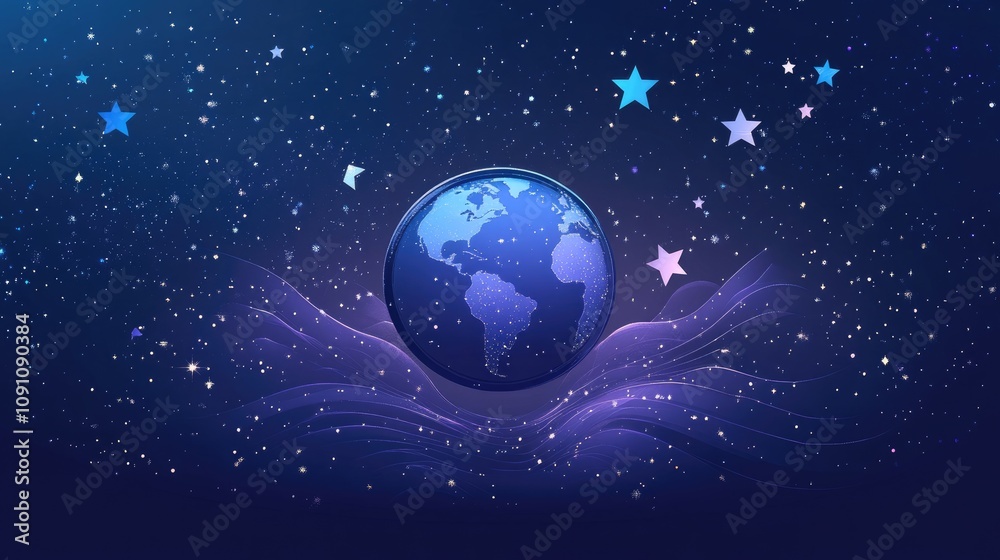 Obraz premium Stylized New Year 2025 logo with a globe and stars, symbolizing global celebration and connection in safety