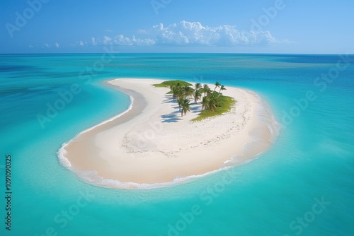 Aerial view of a beautiful tropical island with white sand, palm trees, and turquoise water, creating a perfect idyllic paradise under a clear blue sky
