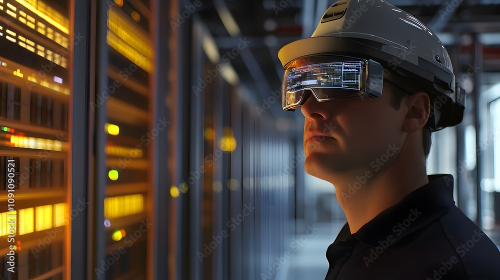 A technician wearing augmented reality glasses in a 3D data center, with 2D overlays of server diagnostics and repair instructions. 4k resolution, Cinematic Scene A technician wearing augmented reality glasses in a 3D data center, with 2D overlays of server diagnostics and repair instructions. 4k resolution, Cinematic Scene