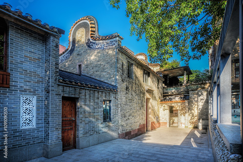 Guangzhou city, Guangdong, China. The Pioneer community in Panyu, Shiqiao, is outstanding in combination of Chinese Lingnan and Western styles, undergoing restoration as cultural heritage.  photo