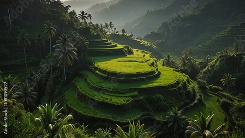 A stunning aerial view of lush green rice terraces nestled amidst tropical palm trees and misty valleys