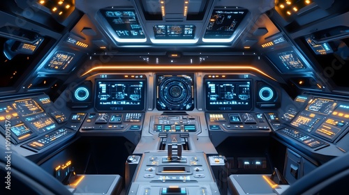 A control panel in a futuristic cockpit with 3D holographic instruments and 2D animated trajectory visuals. 4k resolution, Cinematic Scene