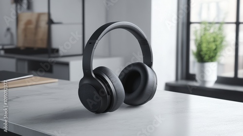 Modern Black Wireless Headphones on a Stylish Desk with Soft Lighting in an Indoor Environment Enhanced by a Potted Plant in the Background