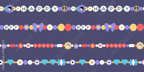 Handmade beads bracelets 2000s seamless pattern. Retro necklace background of friendship elements for textile, print, wrapping paper, fabric, cover, wallpaper. Vector