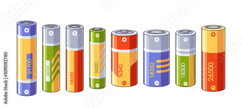 Isolated set of different cylinder finger batteries with various size and power capacity on white