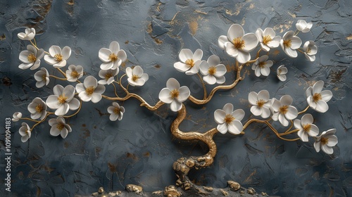 Beautifully crafted white flowers create a stunning wood-inspired wall decor piece in elegant design. Generative AI