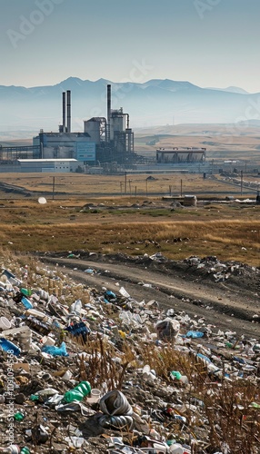 A large waste recycling factory set against an open steppe and distant mountain ranges photo