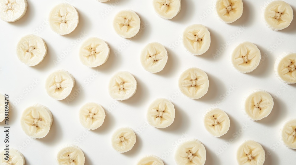 Aesthetic Arrangement of Freshly Sliced Banana Circles on a White Background Creating a Minimalistic and Inviting Visual Display for Culinary Uses Aesthetic Arrangement of Freshly Sliced Banana Circles on a White Background Creating a Minimalistic and Inviting Visual Display for Culinary Uses