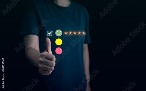 Satisfaction guarantee, customer give 5 stars rating, review positive feedback, best service. Concept of survey, vote score, opinion, customer questionnaire, perfection selection choice, best feedback