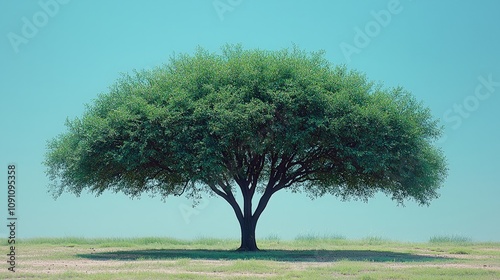 Majestic lone tree against a serene blue sky in a peaceful open field photo