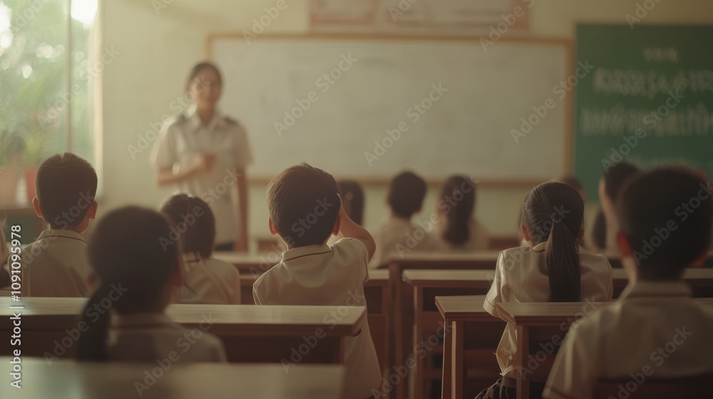 Obraz premium A teacher stands in front of students in a classroom, engaging them in learning, with a chalkboard and natural light illuminating the space.