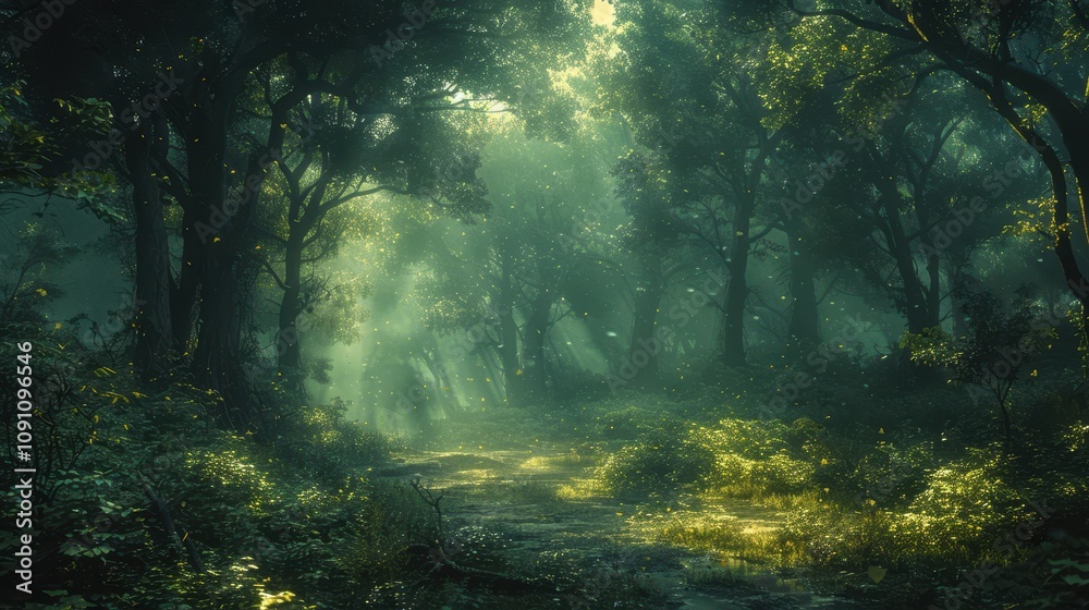 Obraz premium Enchanted forest pathway bathed in ethereal sunlight filtering through dense foliage in early morning. Generative AI