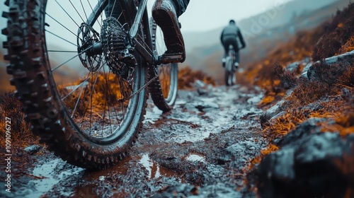 Close-up of mountain bike tires on a muddy trail with another cyclist in the background, showcasing outdoor adventure and exploration.