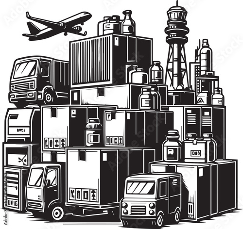 Stacked Product Boxes Ready for Delivery. A graphic illustration of high stacks of product boxes, suggesting a large shipment or inventory.