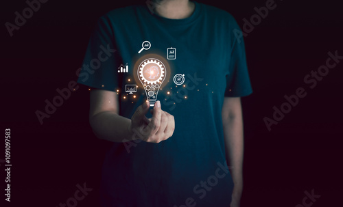 A glowing lightbulb, symbolizing a brilliant idea, is surrounded by intricate gears and neural networks, representing the power of artificial intelligence to drive innovation and creativity.