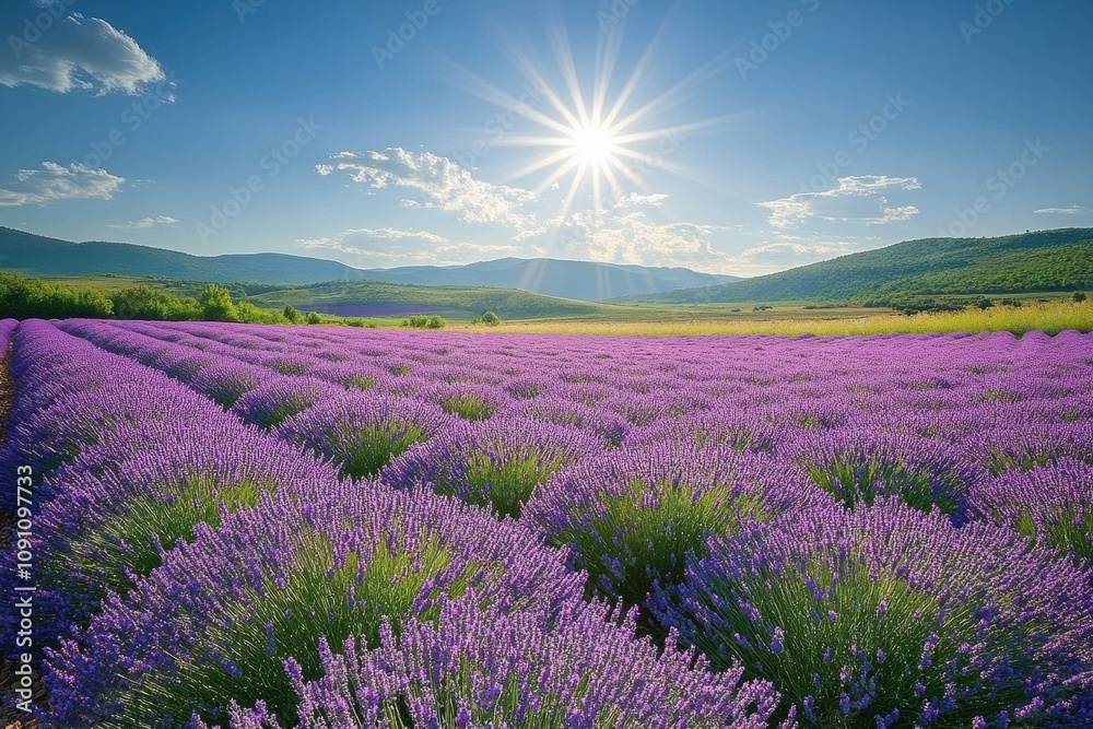 Fototapeta premium Vibrant Lavender Field Under Blue Sky with Distant Mountains and Rolling Hills