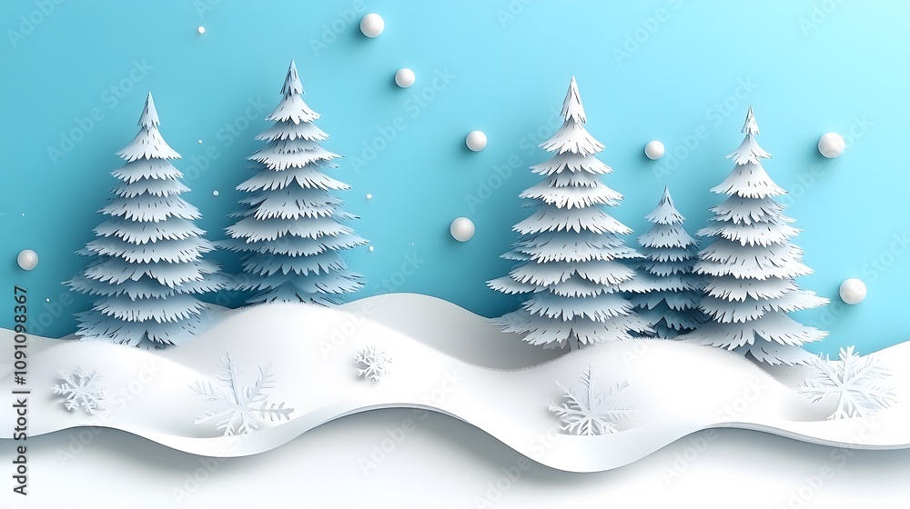 Obraz premium Winter forest with layered paper cut pine trees and watercolor snowy sky