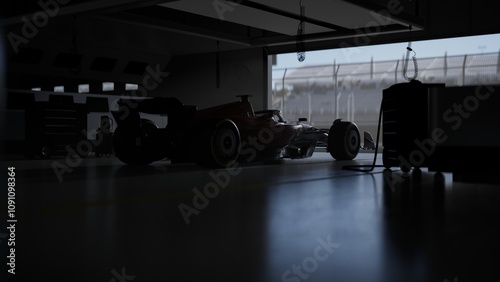 Canvas Print Silhouette of a race car in a dimly lit garage with soft light streaming through
