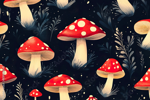 A pattern of large and small fly agarics on a dark background.