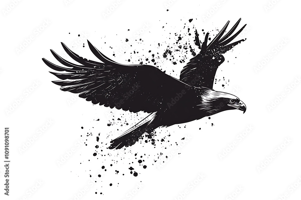 Fototapeta premium A stylized illustration of an eagle in flight with splatter effects.