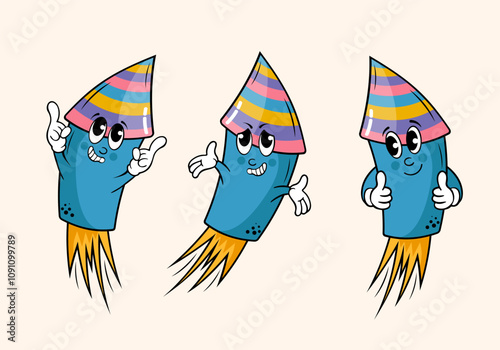 set of funny fireworks with different emotions, groovy fireworks characters	