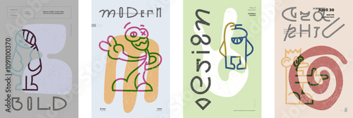 Bold abstract poster set featuring quirky linear characters and innovative contemporary lettering. Vibrant, primitive shapes meet retro minimalist typography with modern color palettes. Event graphics