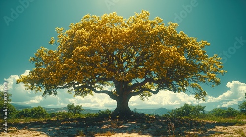 Majestic oak tree in sunlit landscape with vibrant yellow foliage against blue sky photo