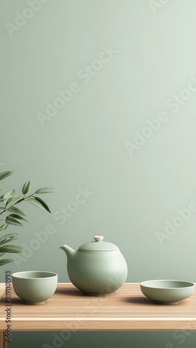Wallpaper Mural A serene tea setup with a green teapot and bowls against a soft green background. Torontodigital.ca