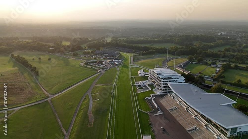 Drone flying above Epsom Downs Racecourse at sunset in Epsom, Surrey, England