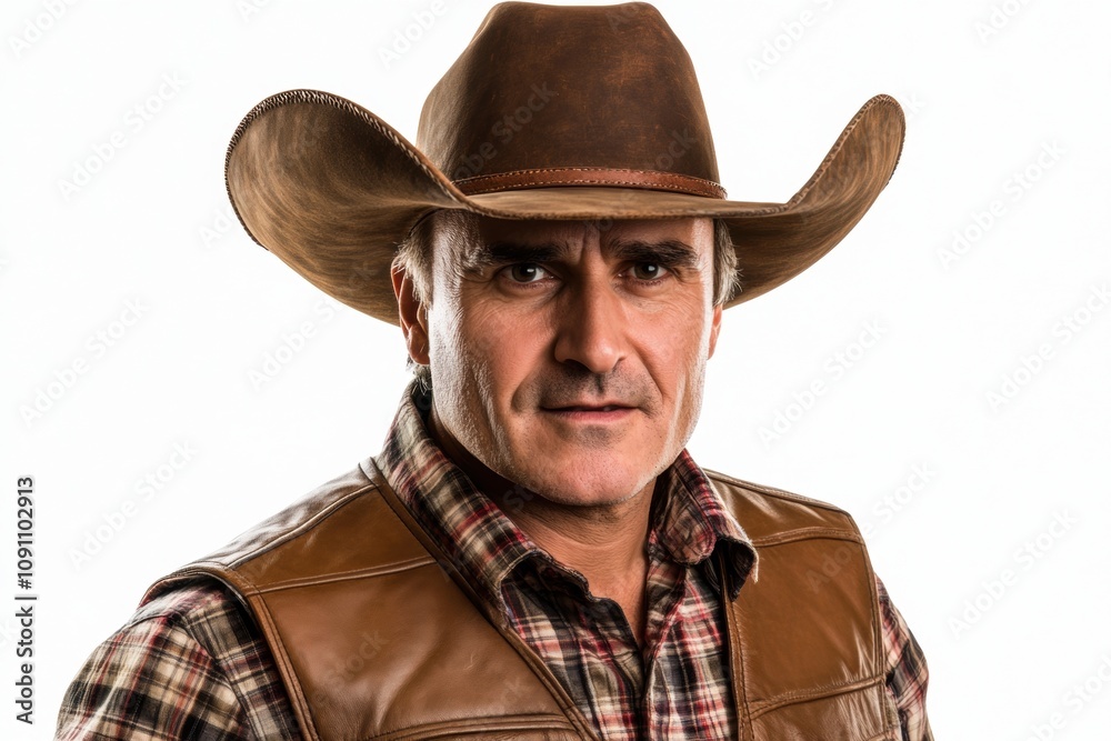 Fototapeta premium A rugged man in a cowboy hat and leather vest, exuding a tough persona.